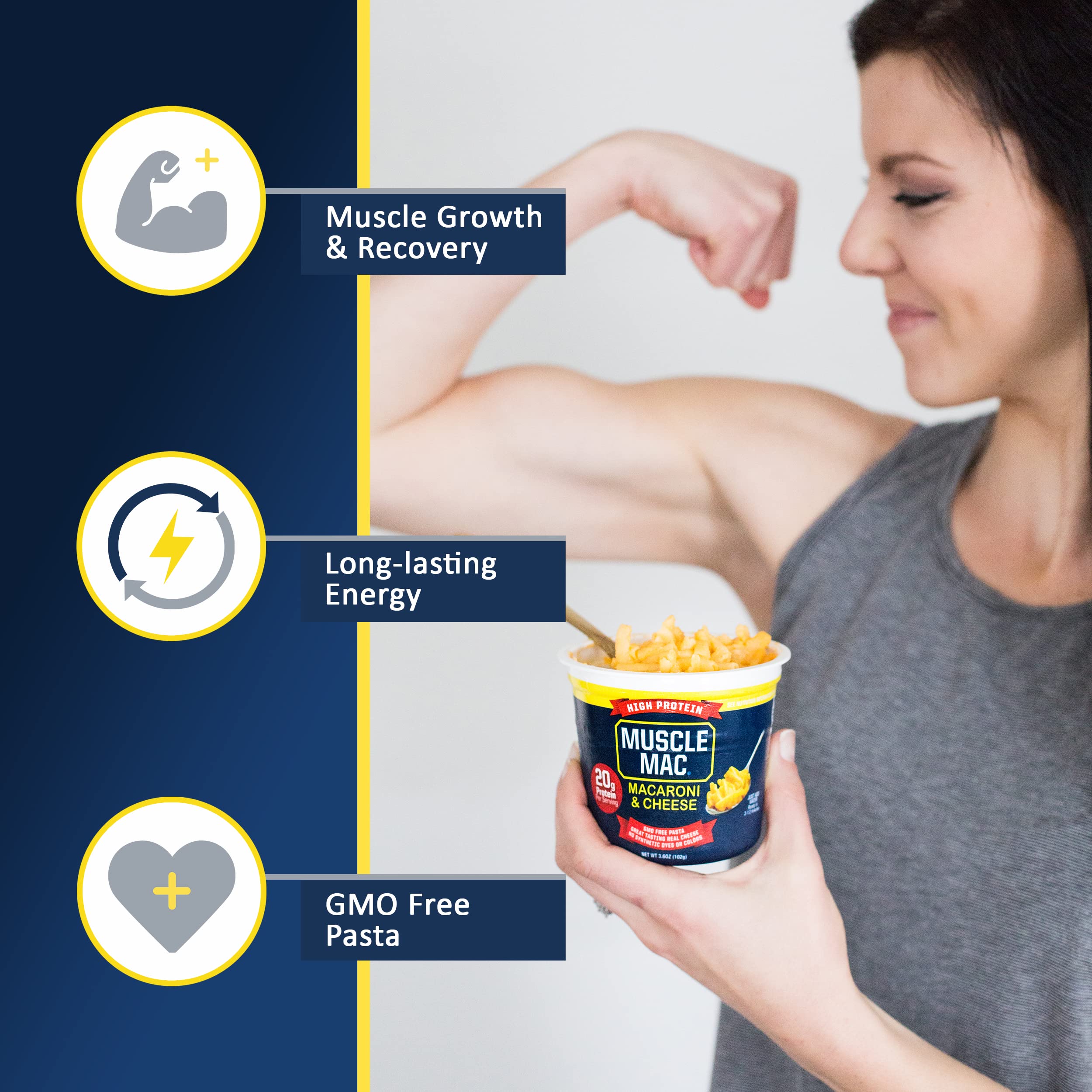 MUSCLE MAC pasta texture close-up showing non-GMO noodles and protein boost