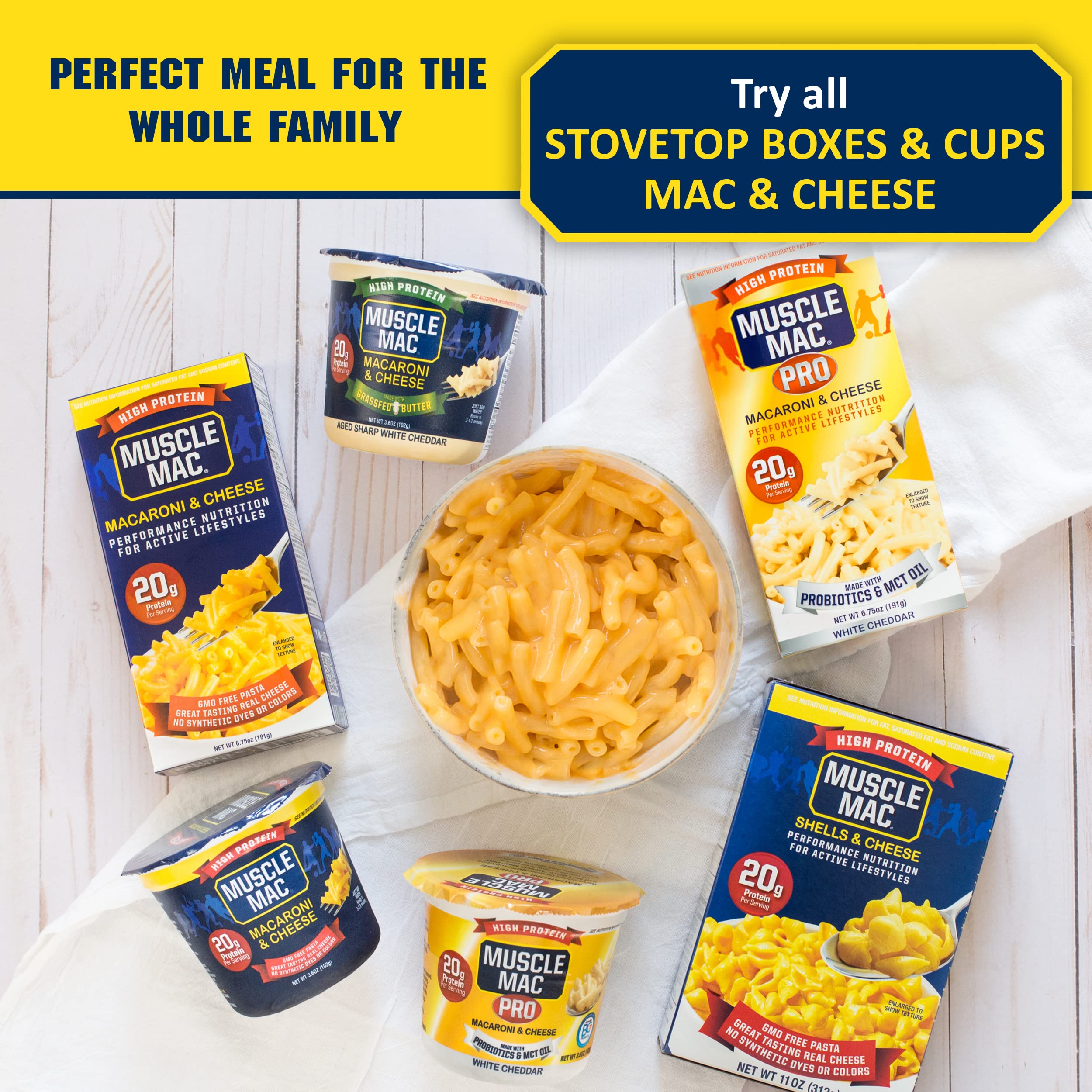 MUSCLE MAC cup beside measuring scale illustrating 3.6 oz serving size