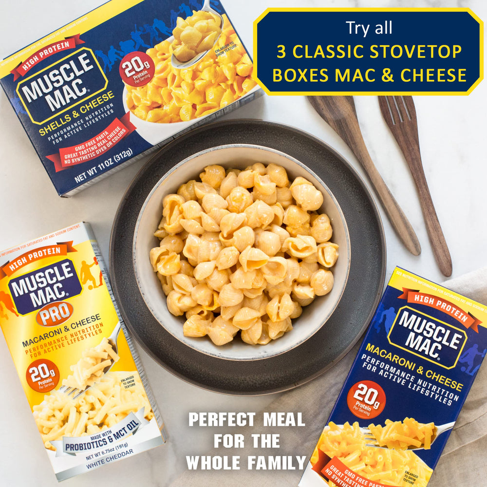 MUSCLE MAC plated with grilled chicken showing added protein and balanced meal benefit