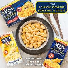 MUSCLE MAC plated with grilled chicken showing added protein and balanced meal benefit