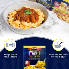 MUSCLE MAC dry shell pasta close-up highlighting texture and quick-cook benefit