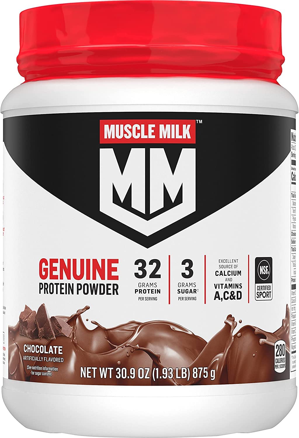 Muscle Milk front canister showing product branding and chocolate flavor benefit