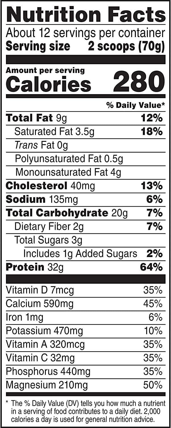 Muscle Milk canister beside measuring scoop showing serving size and portability
