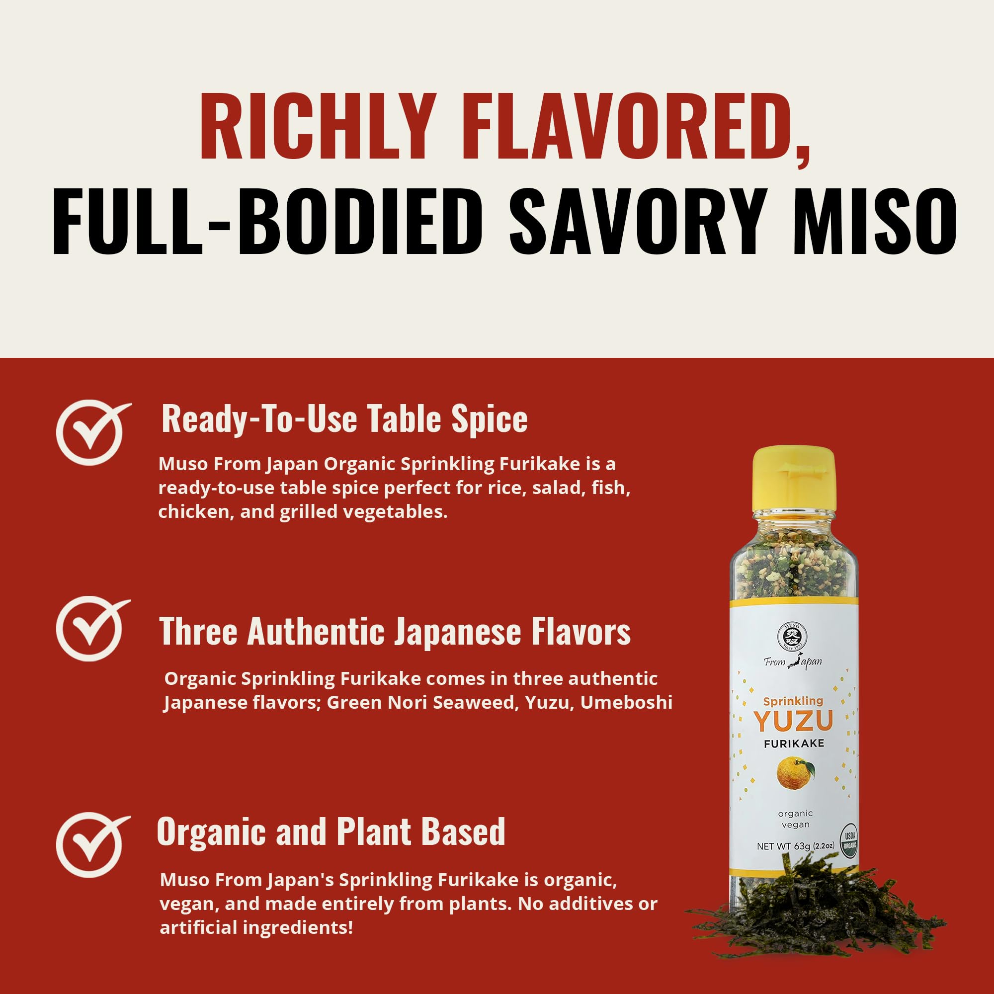 Muso From Japan sprinkled on rice showing bright citrus lift and appeal