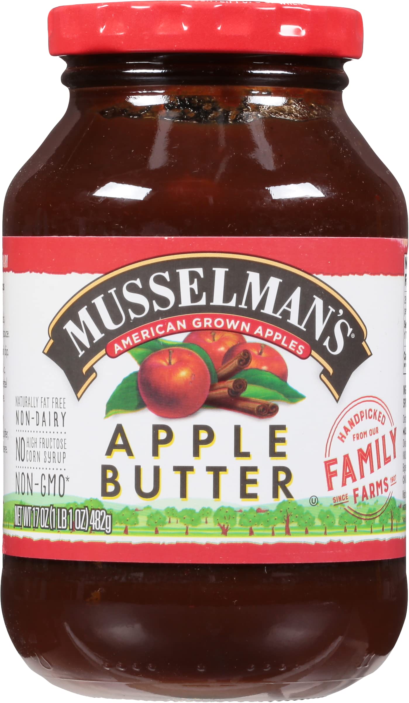 Musselman's apple butter front label showing jar and rich spread for easy serving
