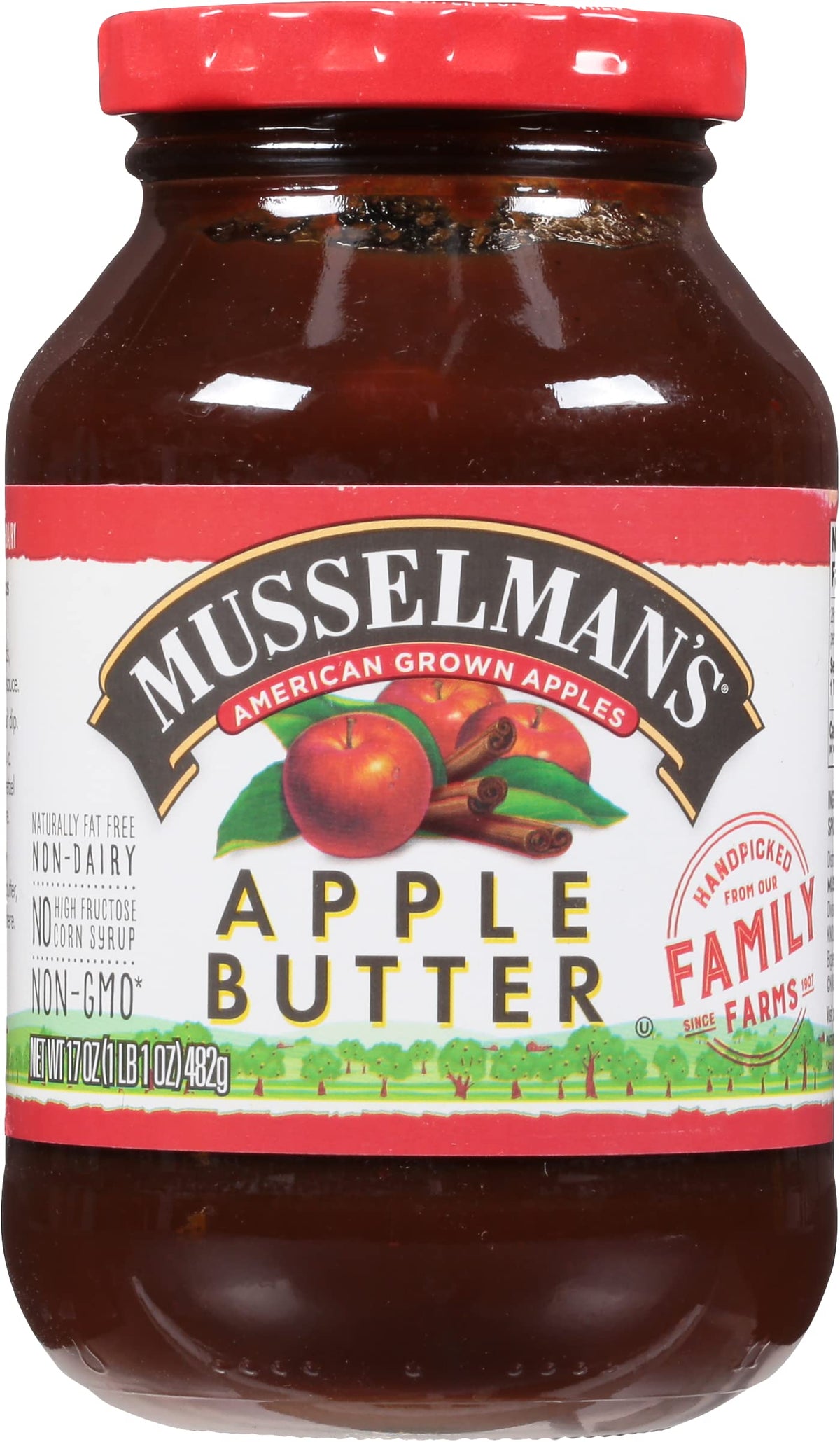 Musselman's apple butter front label showing jar and rich spread for easy serving