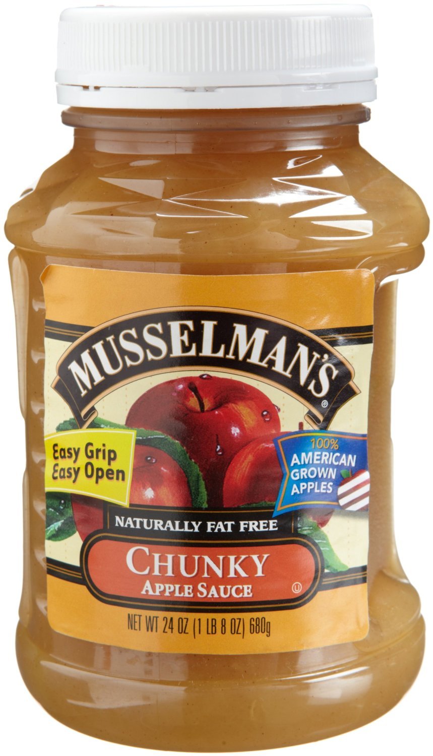 Musselman's chunky applesauce bottle front showing label and easy-pour convenience