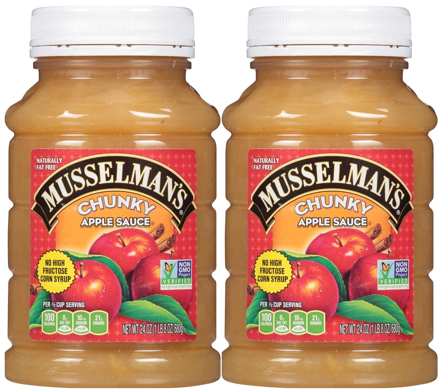 Musselman's chunky applesauce front packaging showing two 24 oz jars and label benefits