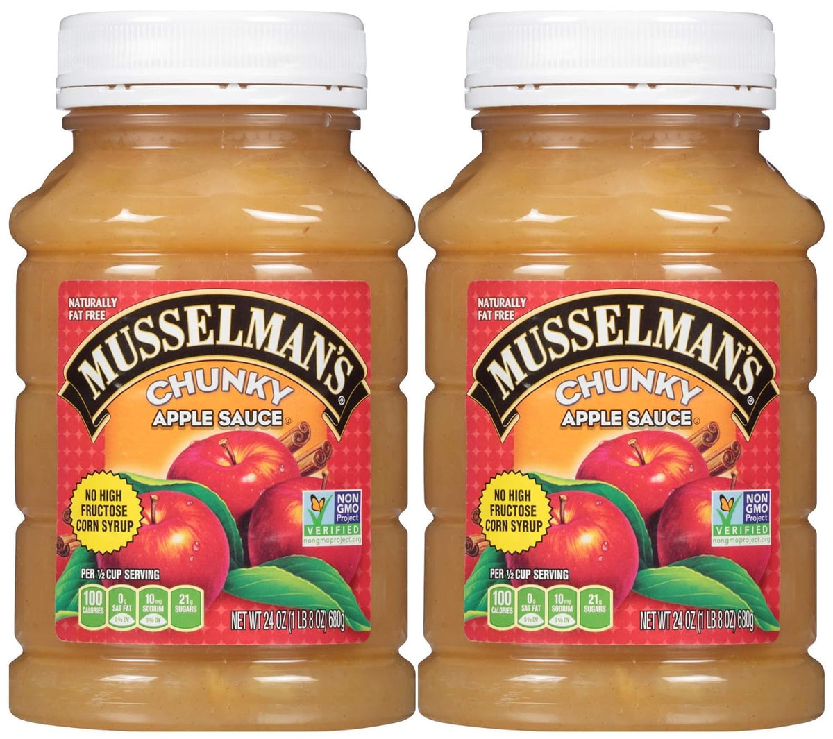 Musselman's chunky applesauce front packaging showing two 24 oz jars and label benefits