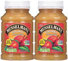 Musselman's chunky applesauce front packaging showing two 24 oz jars and label benefits