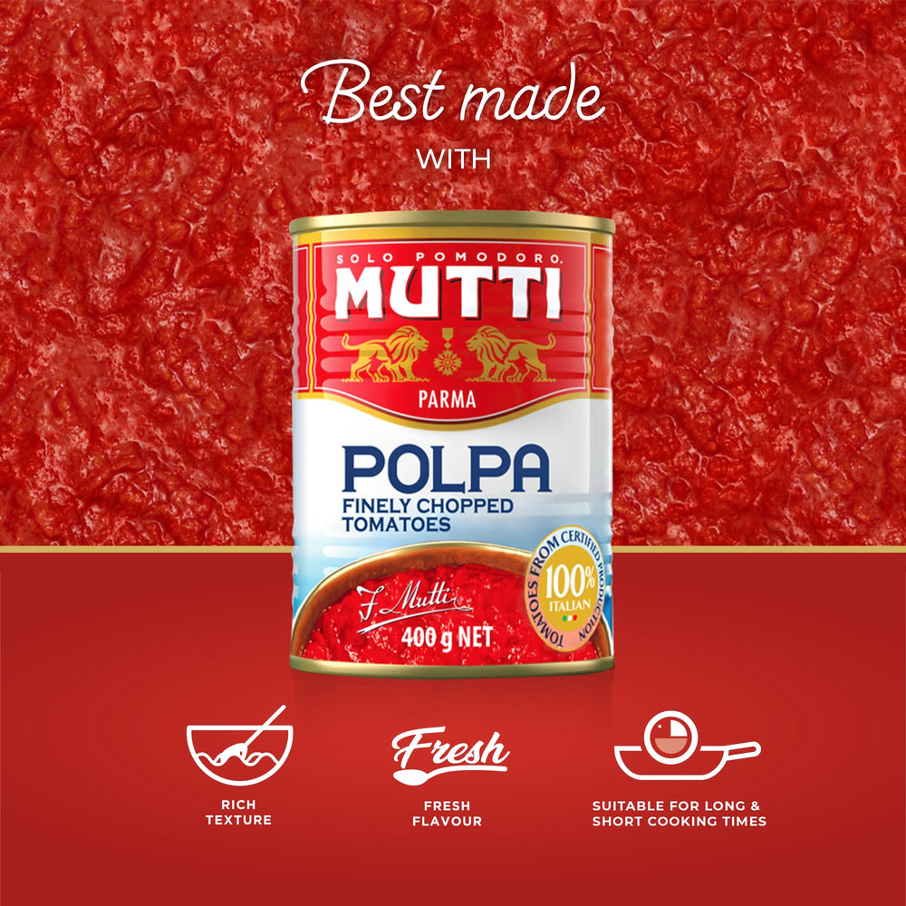 Mutti crushed tomatoes close-up texture in can showing chunk size and fresh appearance for cooking