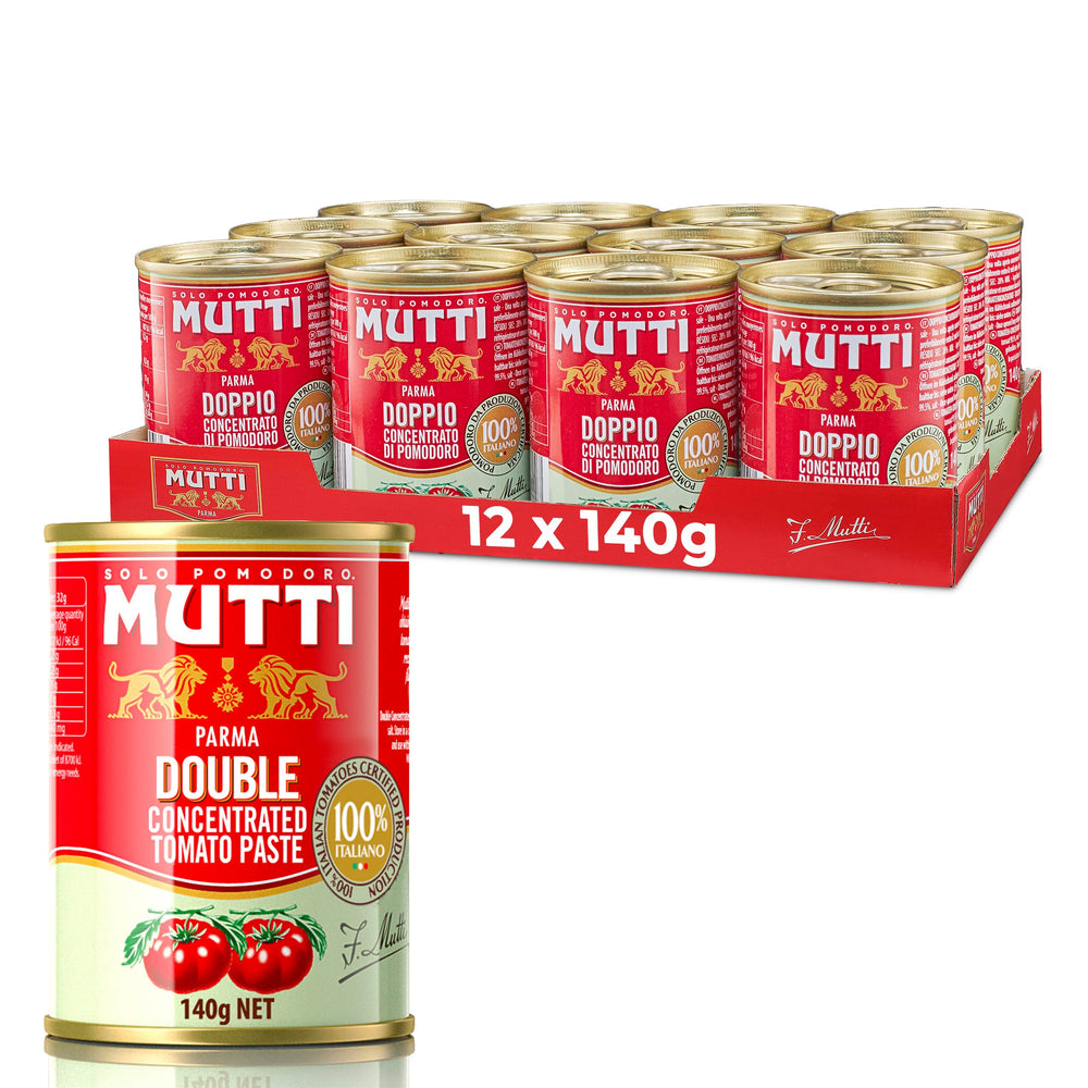 Mutti double concentrated tomato paste front can showing label and rich color benefit