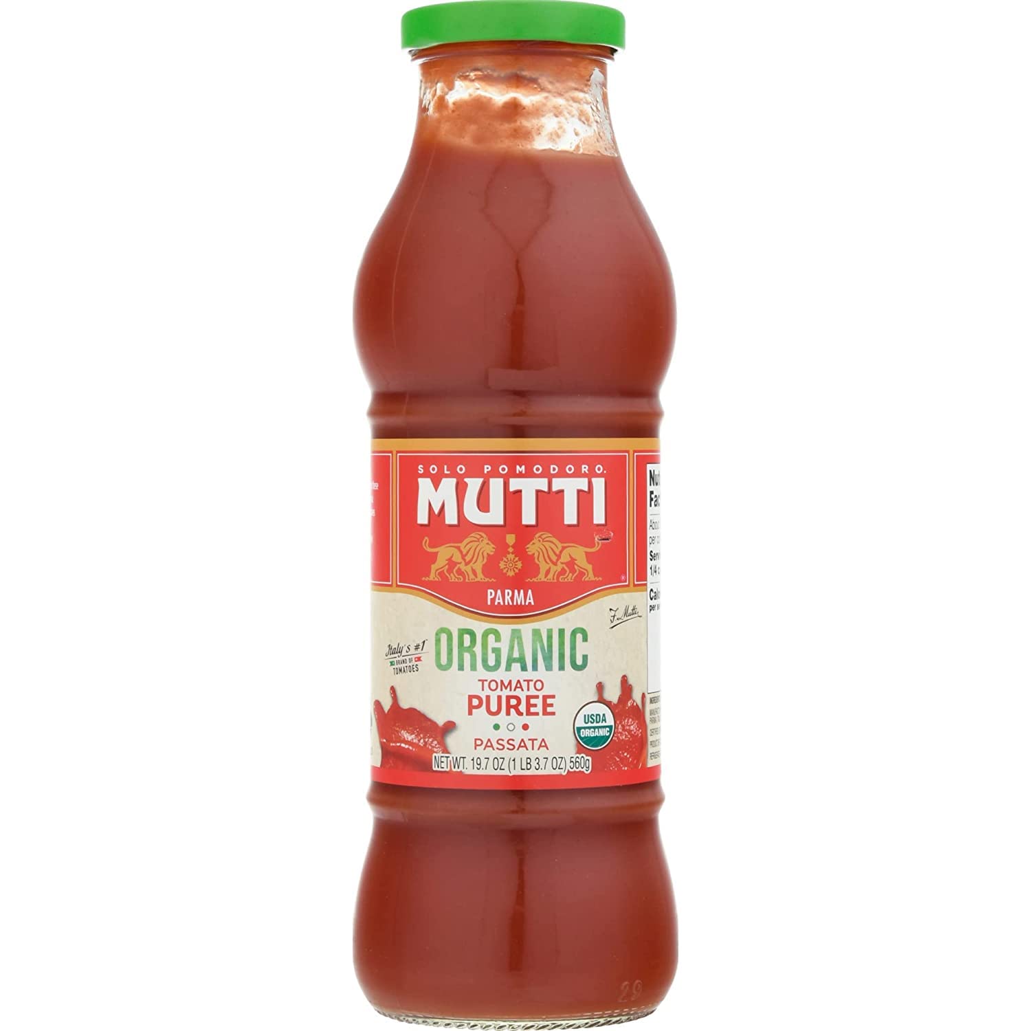 Mutti passata bottle label closeup highlighting Italian origin and quality benefit