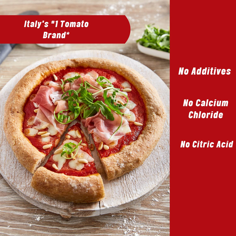 Mutti sauce spread on pizza dough demonstrating effortless application