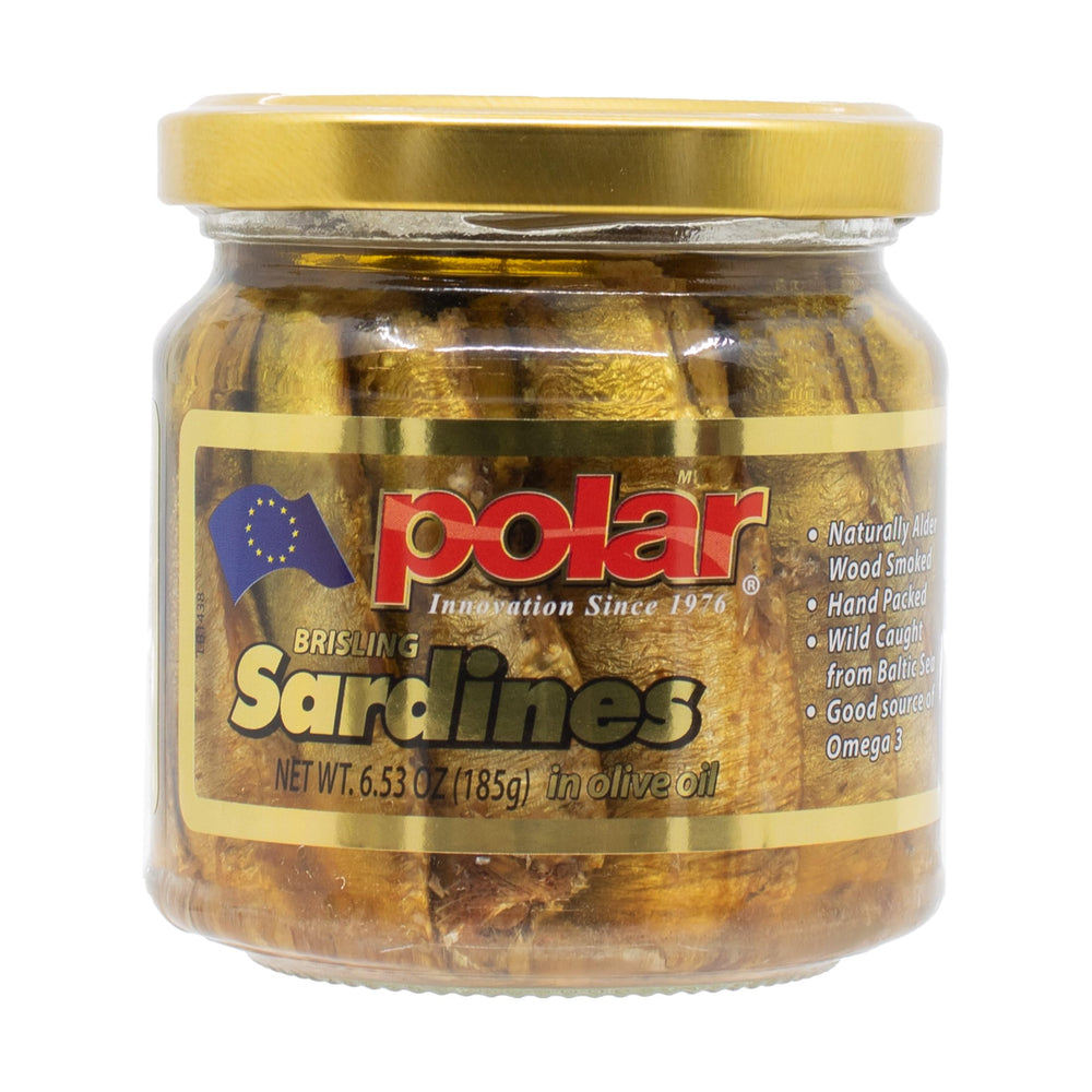 MW Polar jar front label showing smoked brisling sardines and olive oil, clear packaging benefit