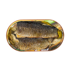 MW Polar open can with fillet in oil, displays flaky texture and moisture