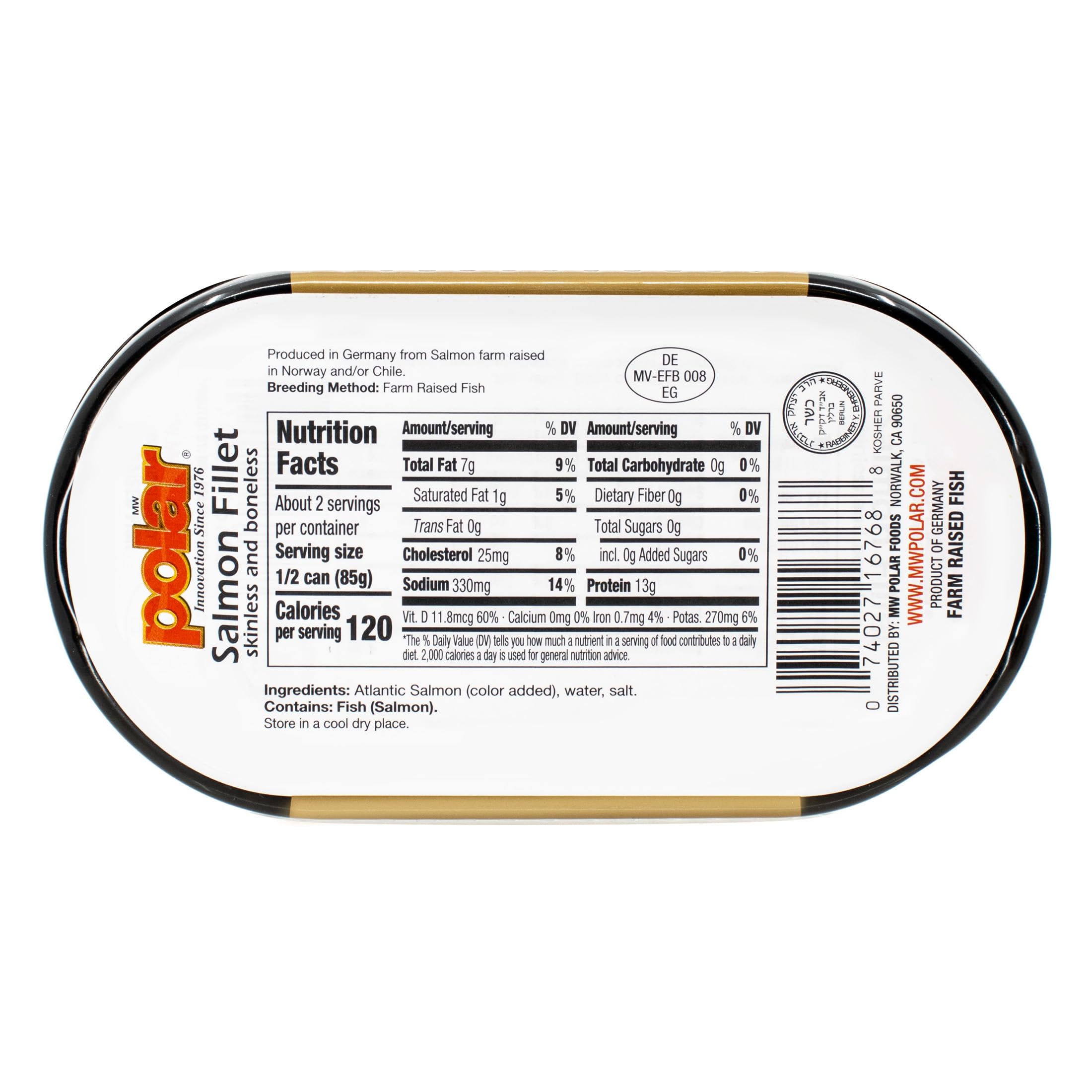 MW Polar open can top view with fillets visible, ready-to-eat convenience highlighted