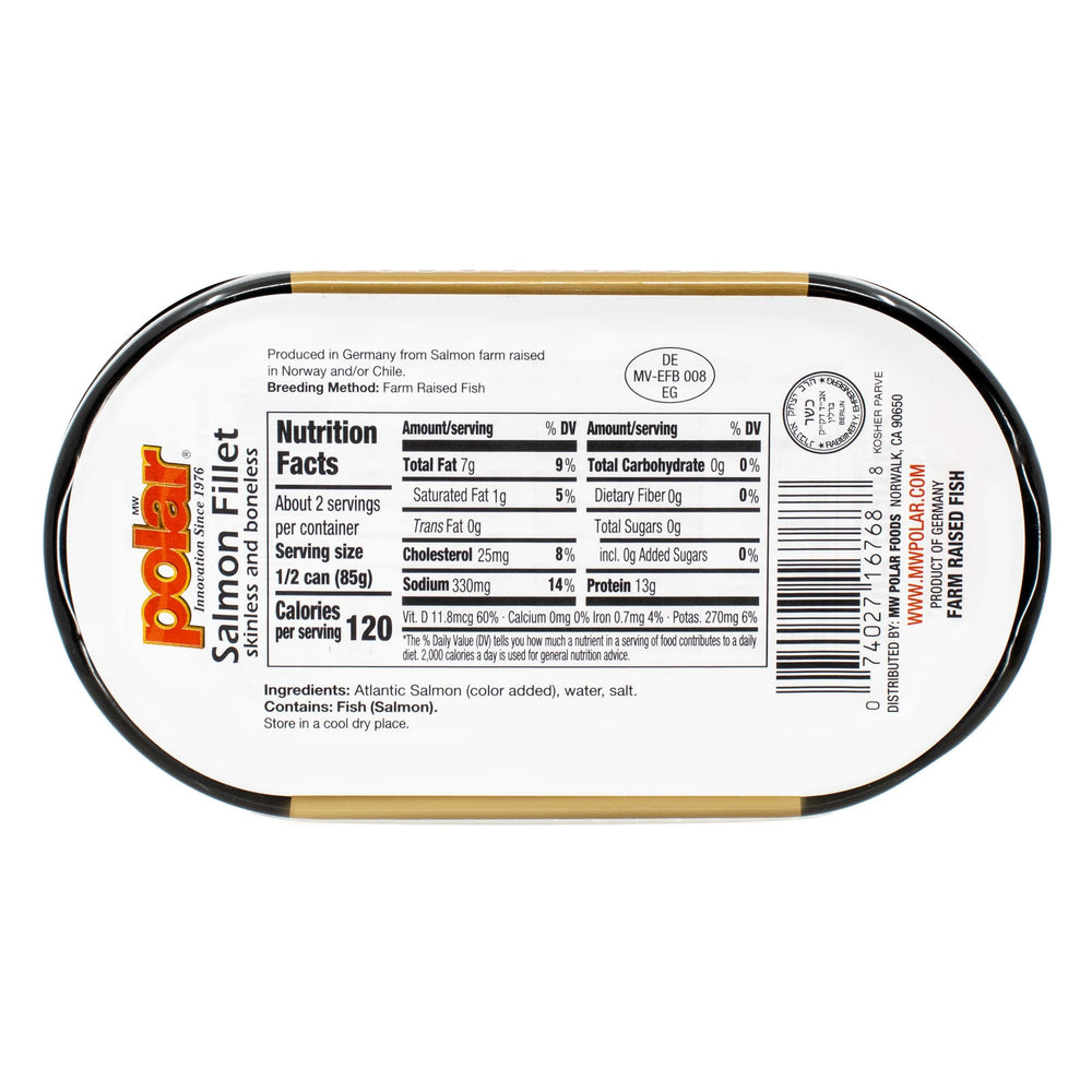 MW Polar open can top view with fillets visible, ready-to-eat convenience highlighted