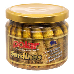 MW Polar open jar revealing aligned brisling sardines for convenient ready-to-eat use