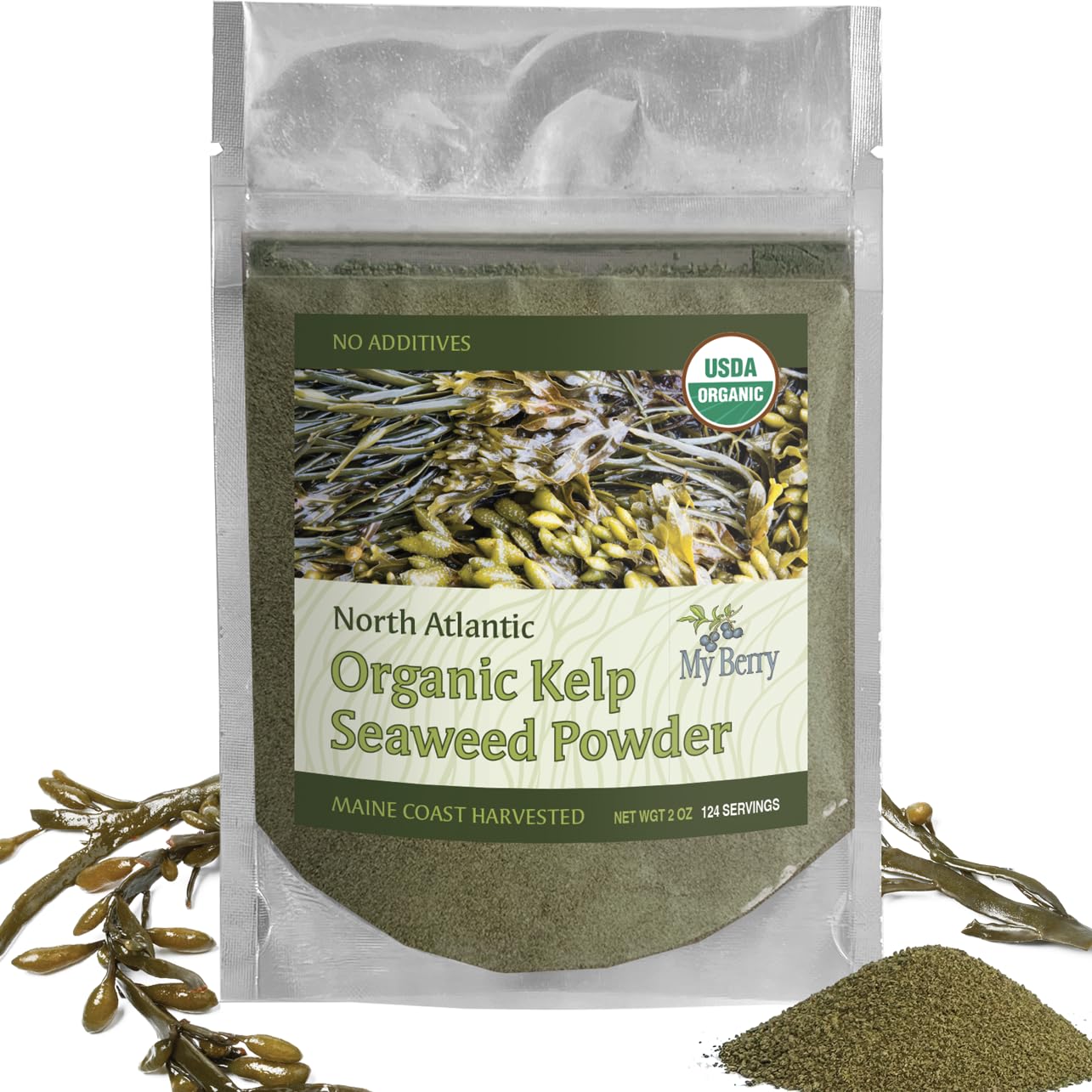 My Berry front pouch showing kelp powder and organic branding benefit flavor
