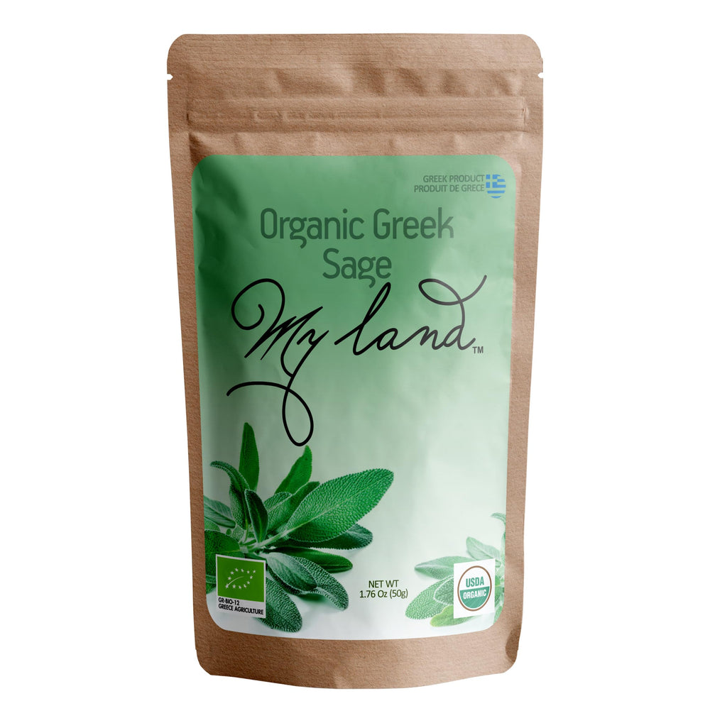 My Land front pouch showing organic Greek sage and resealable benefit