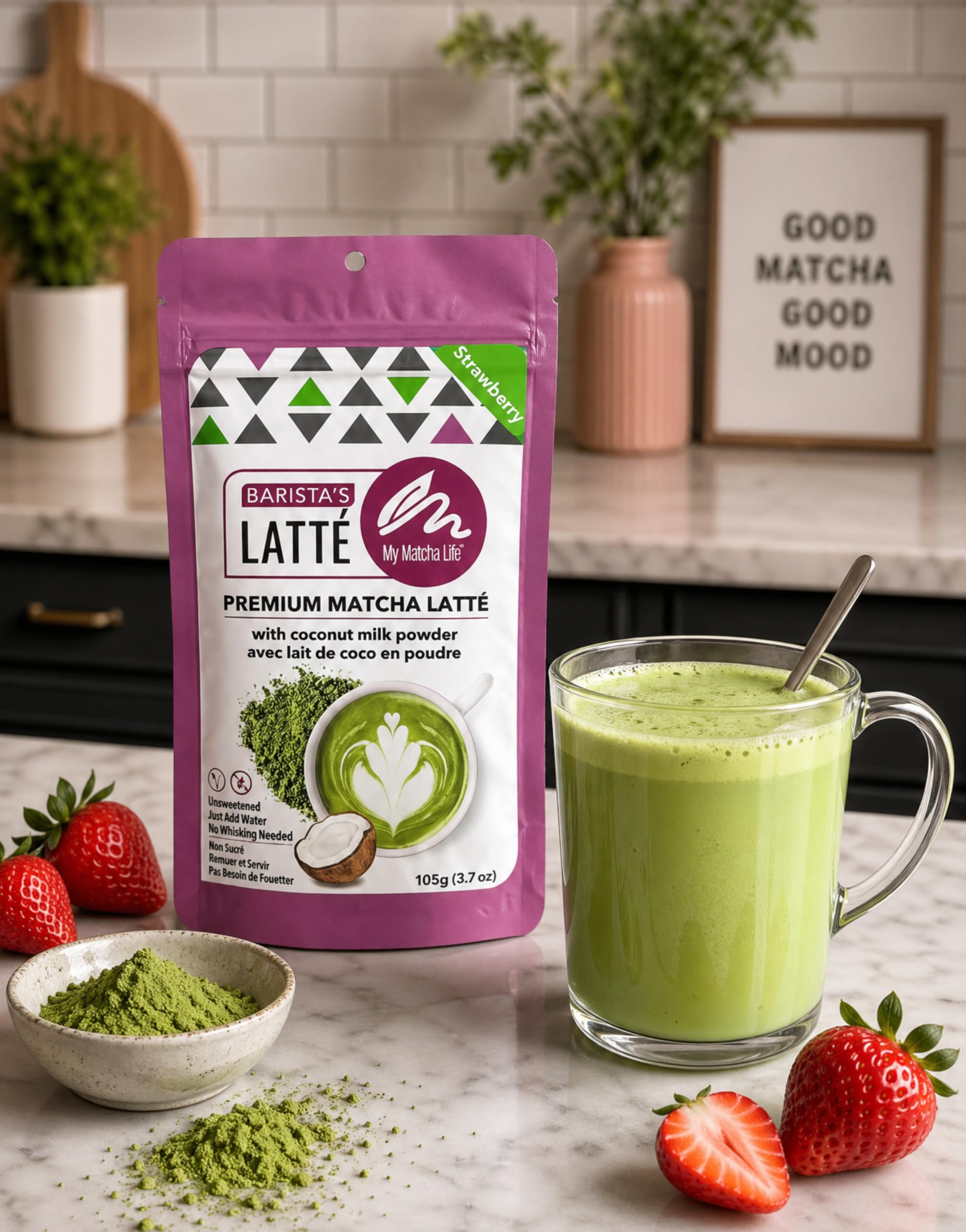 My Matcha Life latte beside breakfast, brand lifestyle and morning routine fit