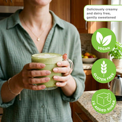 My Matcha Life powder close-up texture, fine matcha blend mixes smoothly