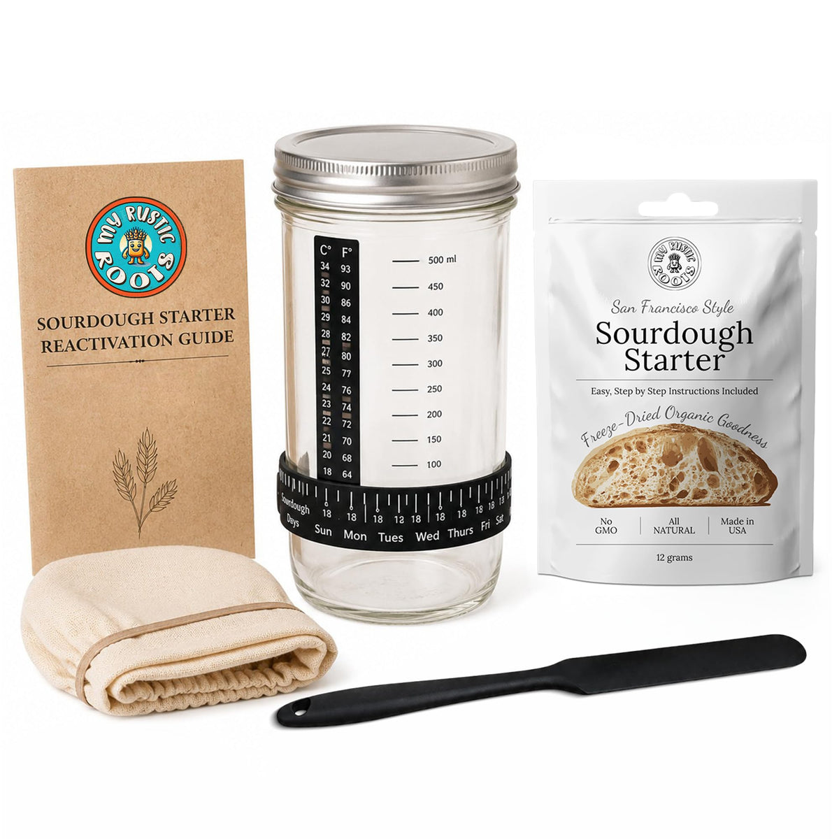 My Rustic Roots front jar kit showing contents and easy start benefit