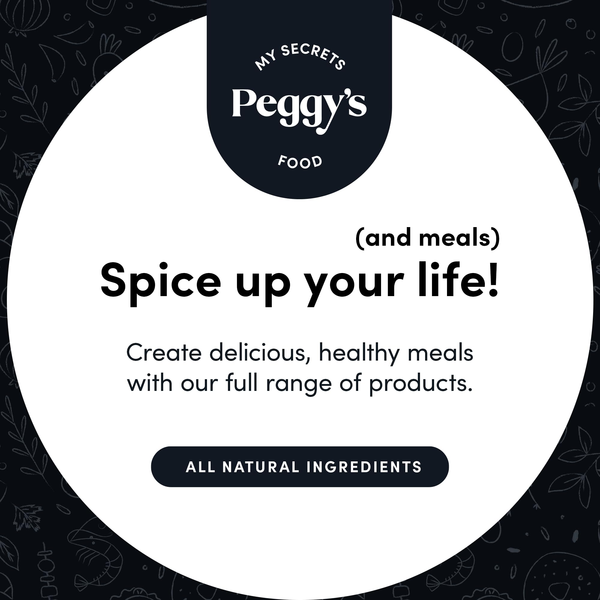 Countertop scene with My Secrets Peggy’s Food beside prepared dinner showing convenience