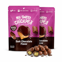 my sweet chickpea front packaging showing dark chocolate two-pack and convenience
