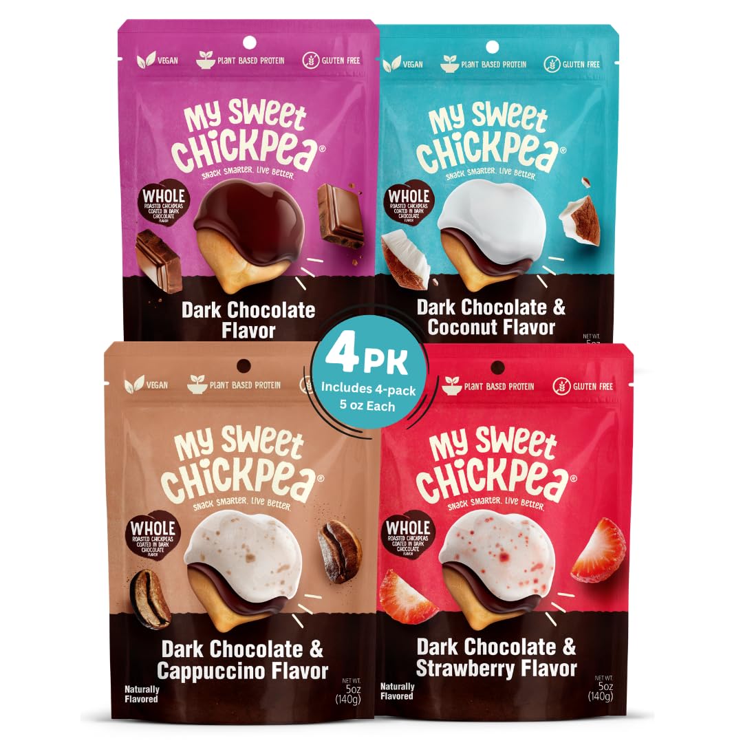 My Sweet Chickpea front packaging showing four-flavor variety, convenient for sharing