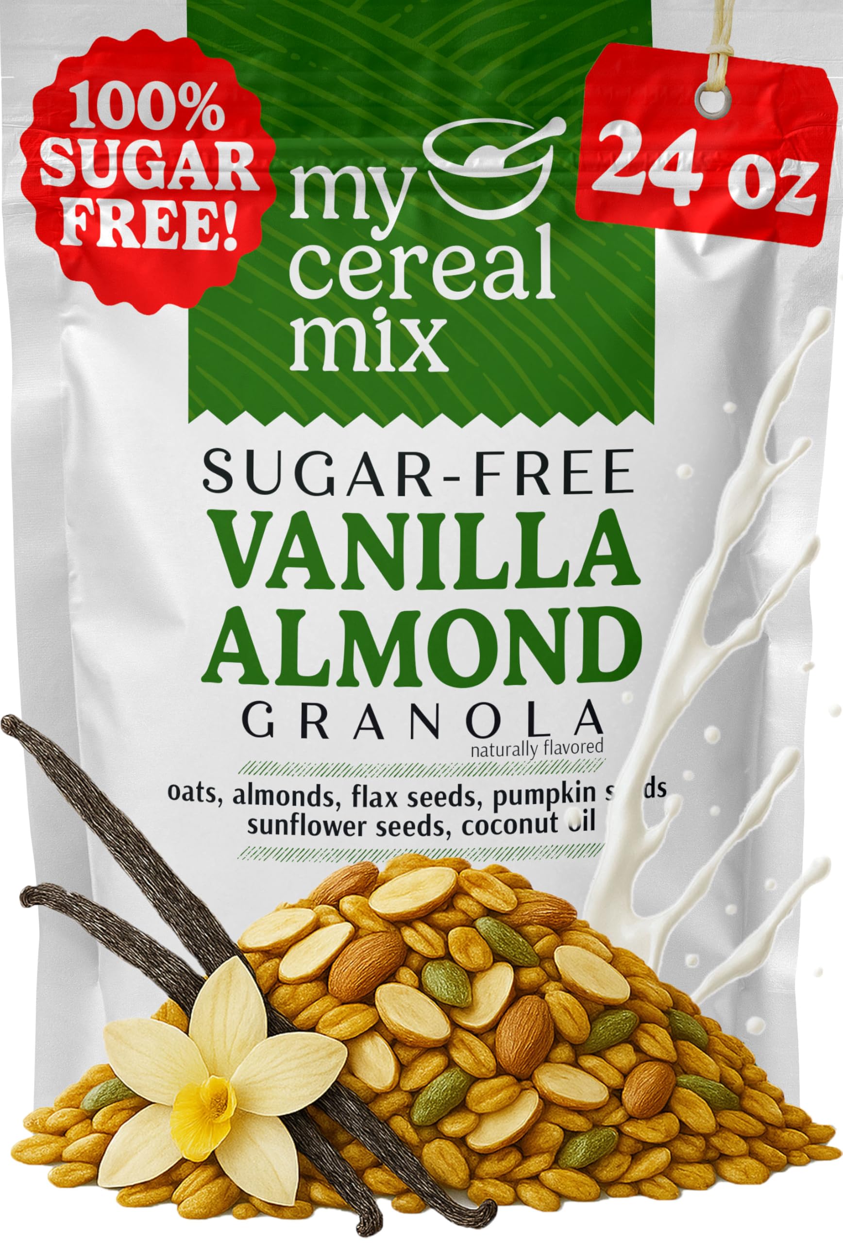 MyCerealMix front package showing vanilla almond flavor and benefits
