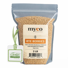 Mycology Basics front packaging showing clean organic rye berries and resealable bag benefit