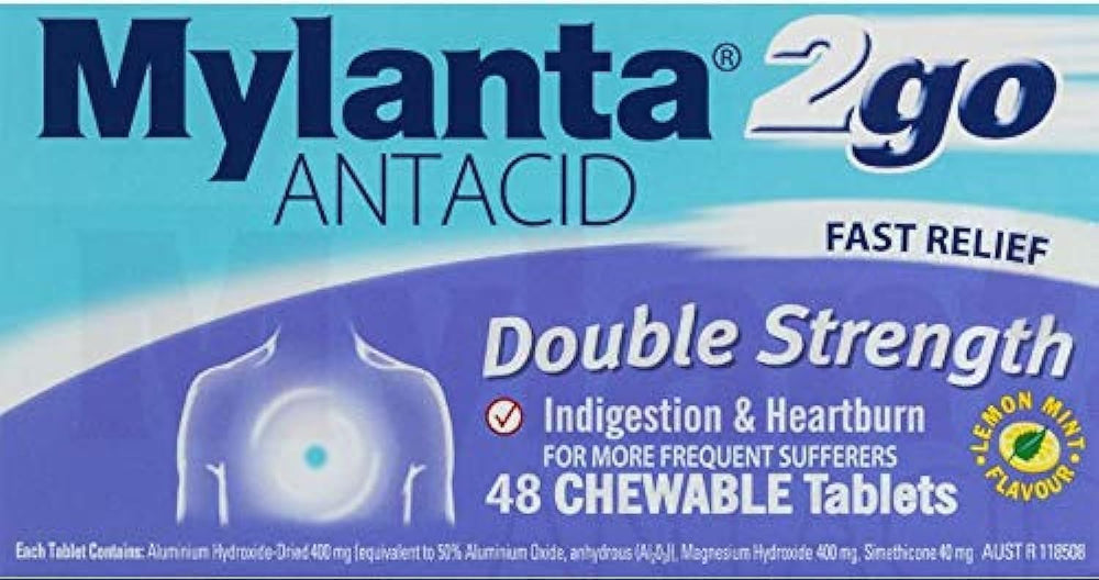 Mylanta 2Go front packaging showing 48-count and lemon mint flavor for quick relief