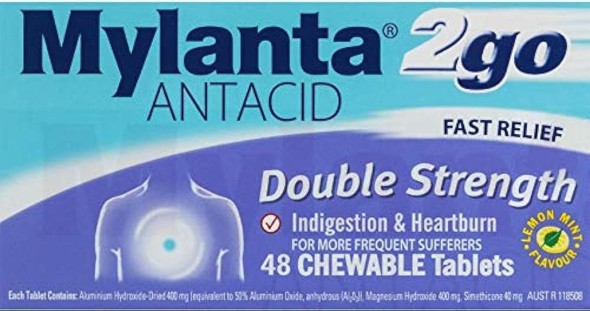 Mylanta 2Go front packaging showing 48-count and lemon mint flavor for quick relief