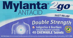 Mylanta 2Go front packaging showing 48-count and lemon mint flavor for quick relief