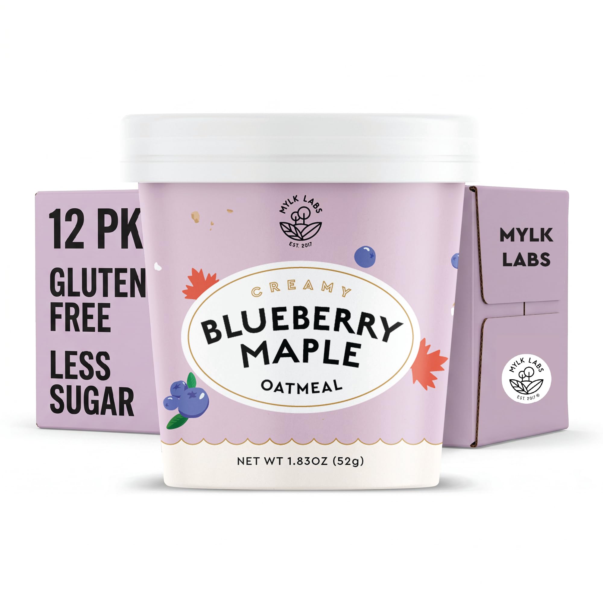MYLK LABS front packaging showing blueberry maple cups and benefits