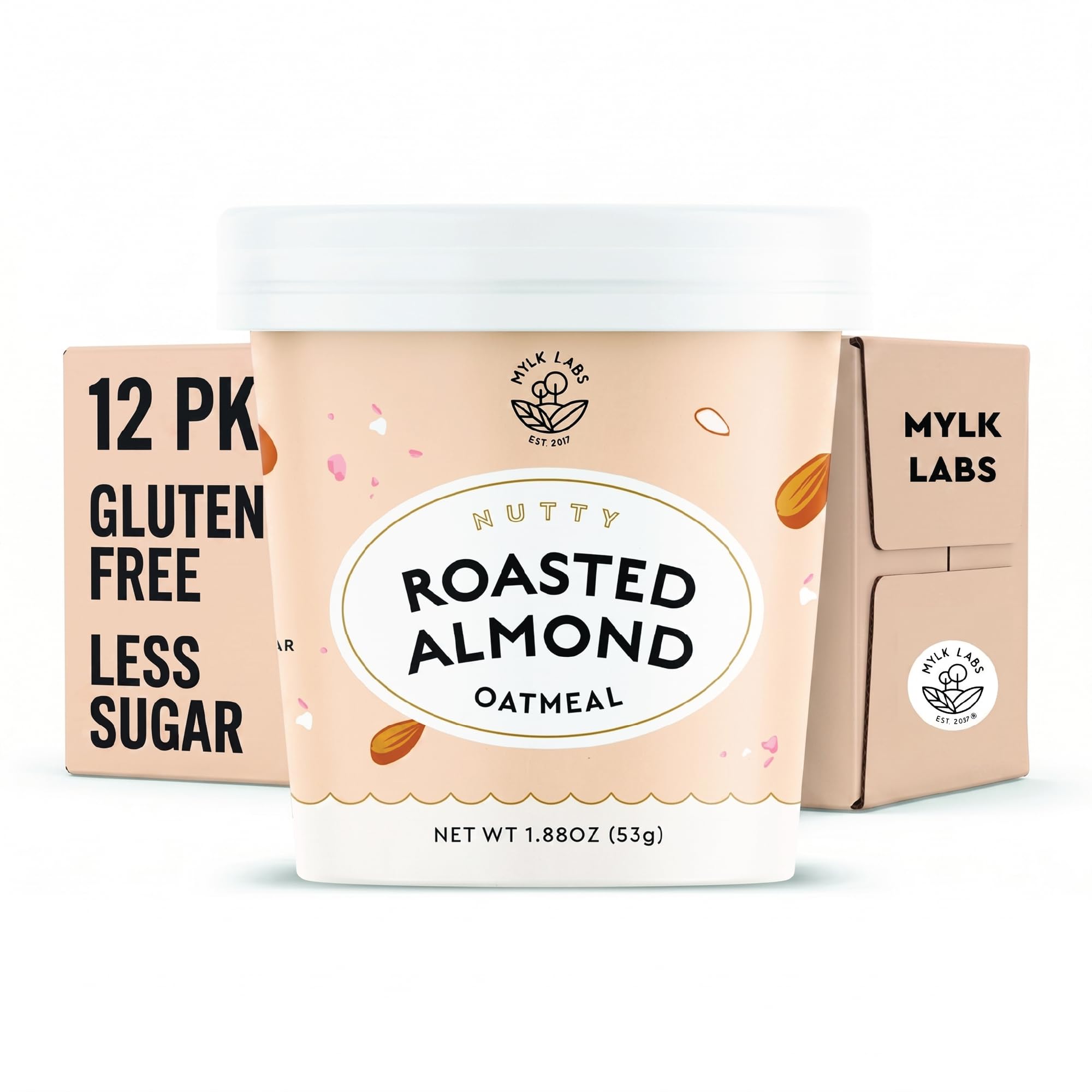 MYLK LABS front packaging showing roasted almond oatmeal cups and convenience
