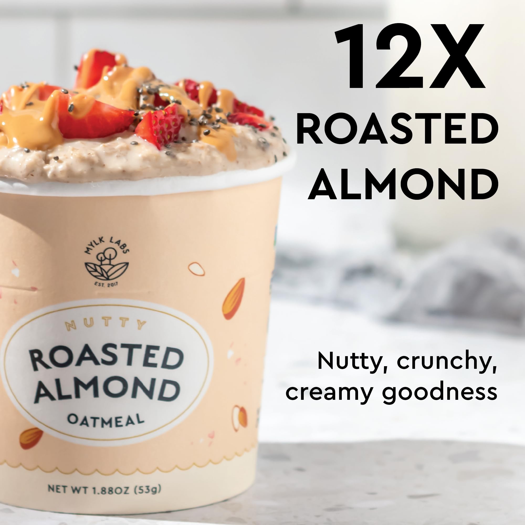 MYLK LABS open cup with dry oats and almonds illustrating real ingredients