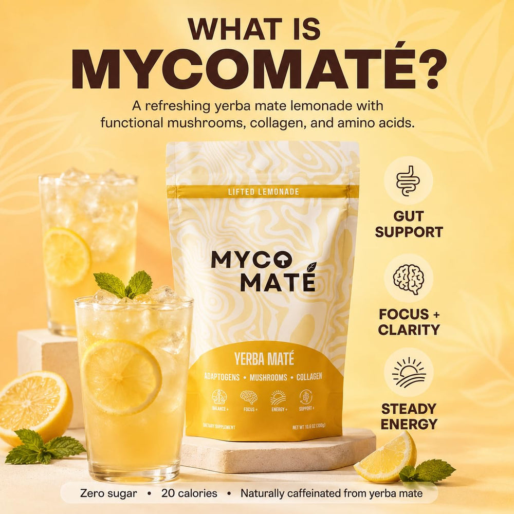 MycoMate powder close-up highlighting fine instant texture and easy mix