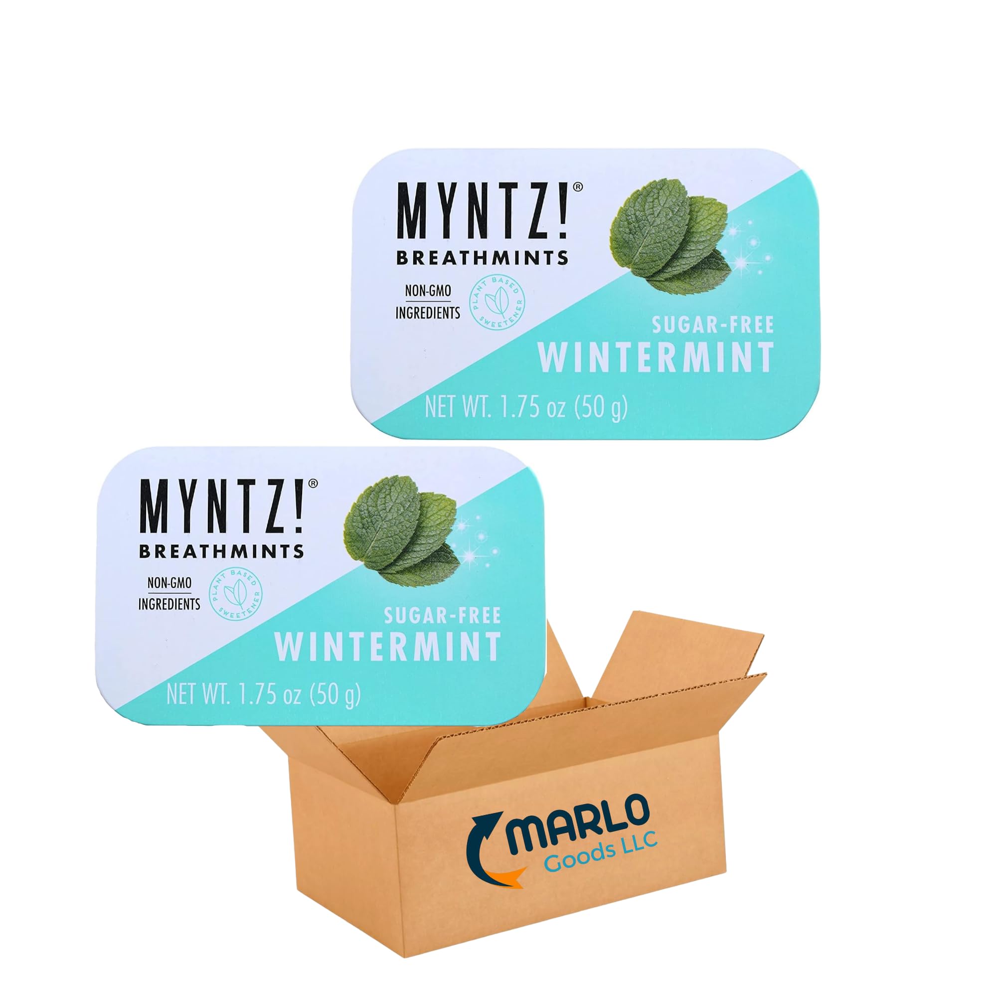 Myntz tin front view showing wintermint label and travel-ready benefit