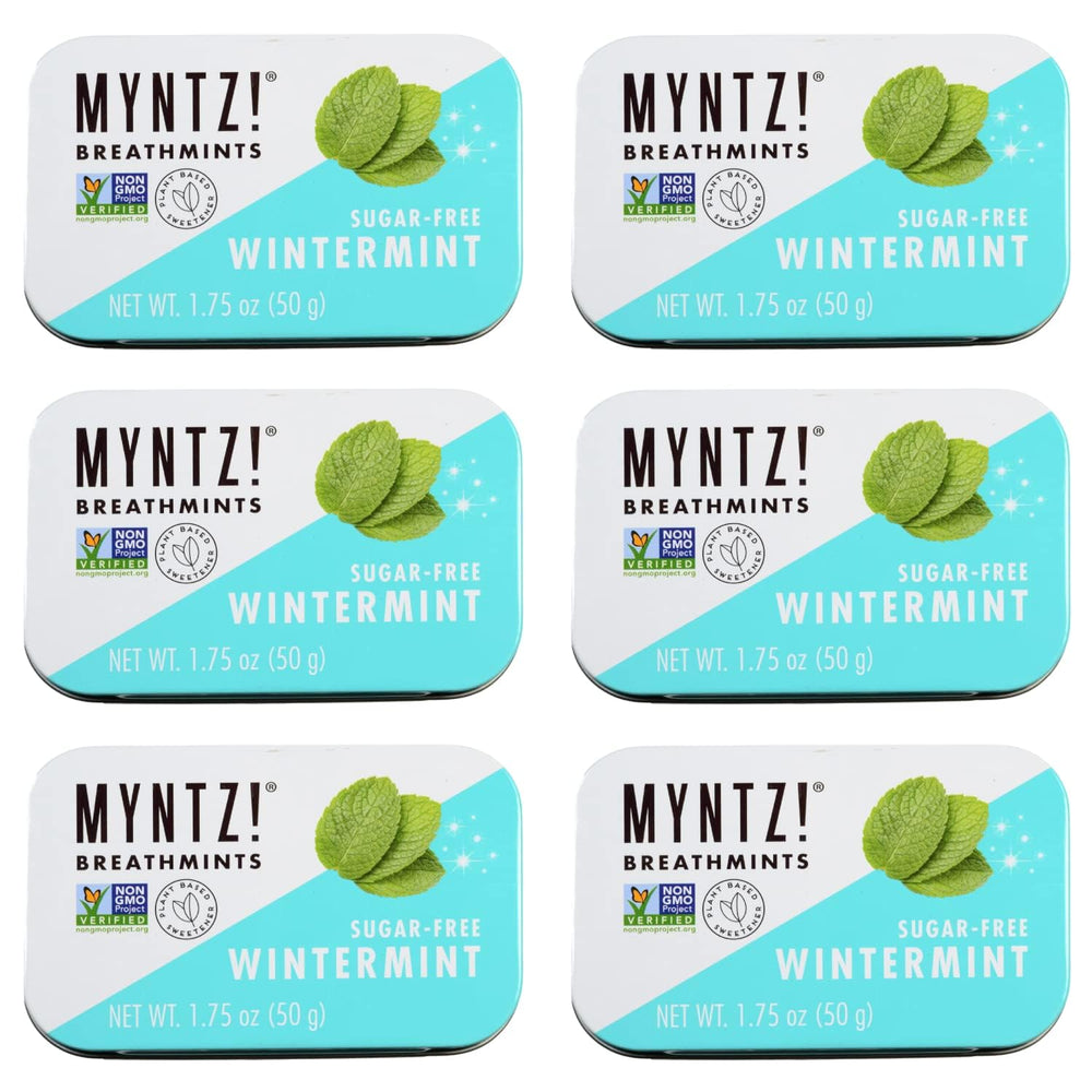MYNTZ! front tin showing Wintermynt Blast label and travel-ready benefit