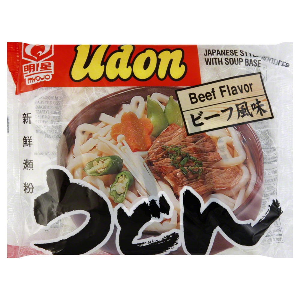明星 Myojo udon front packaging showing cup and beef-flavored soup for quick meals