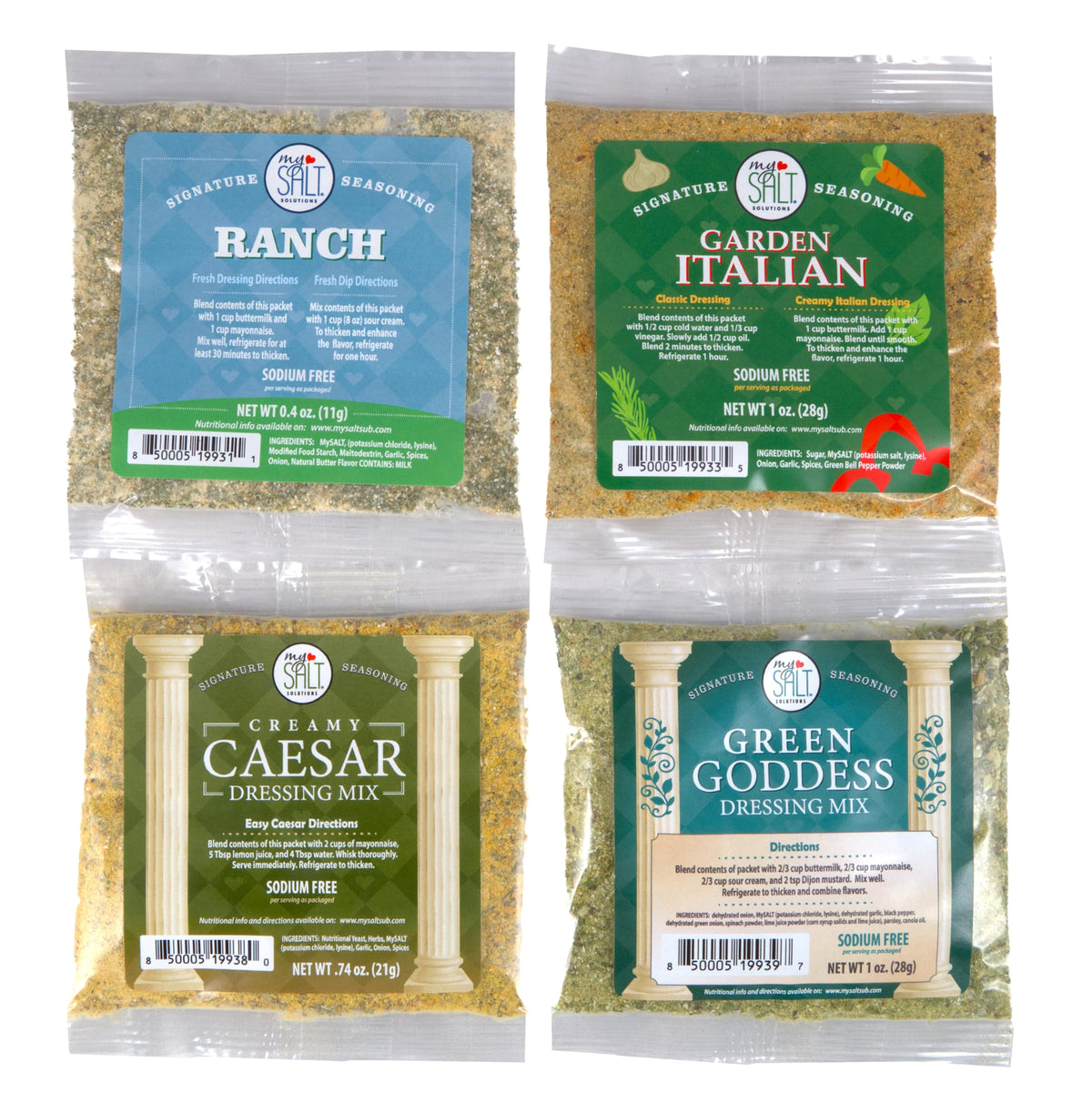 My Salt front packaging showing the four sodium-free mixes and convenience