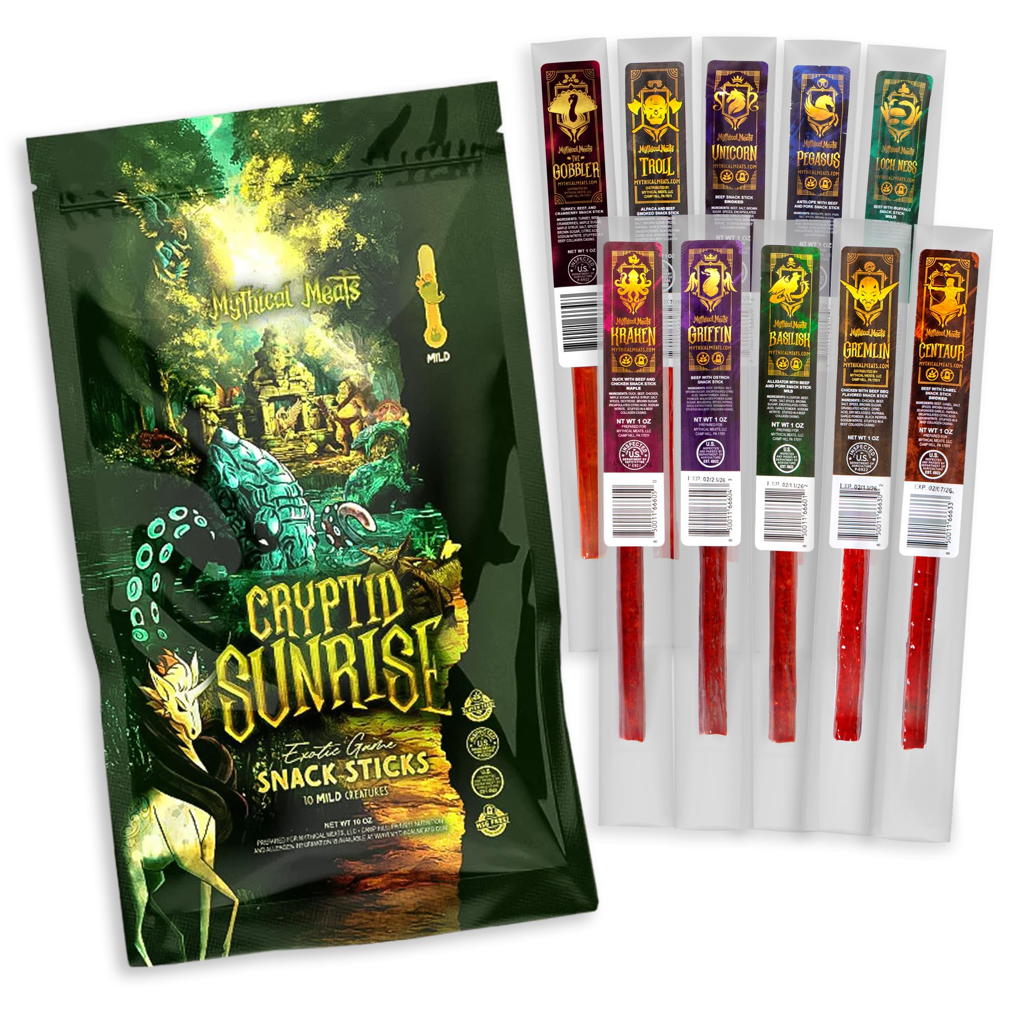 Mythical Meats front packaging of Cryptid Sunrise pack showing playful artwork and benefits