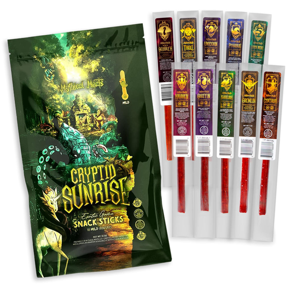 Mythical Meats front packaging of Cryptid Sunrise pack showing playful artwork and benefits