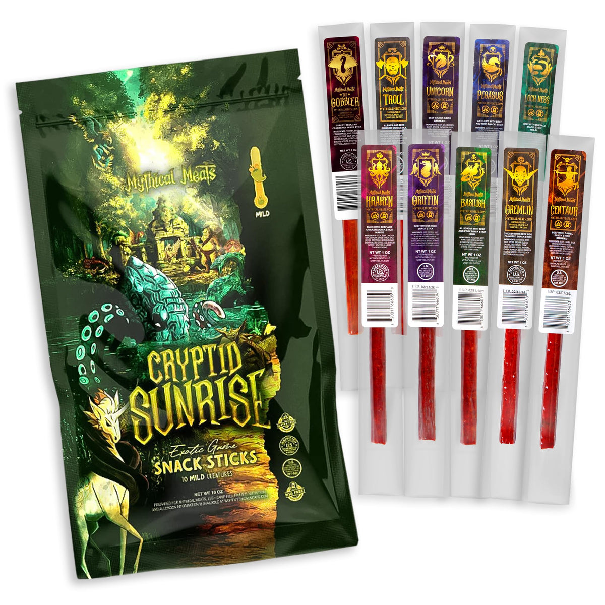 Mythical Meats front packaging of Cryptid Sunrise pack showing playful artwork and benefits