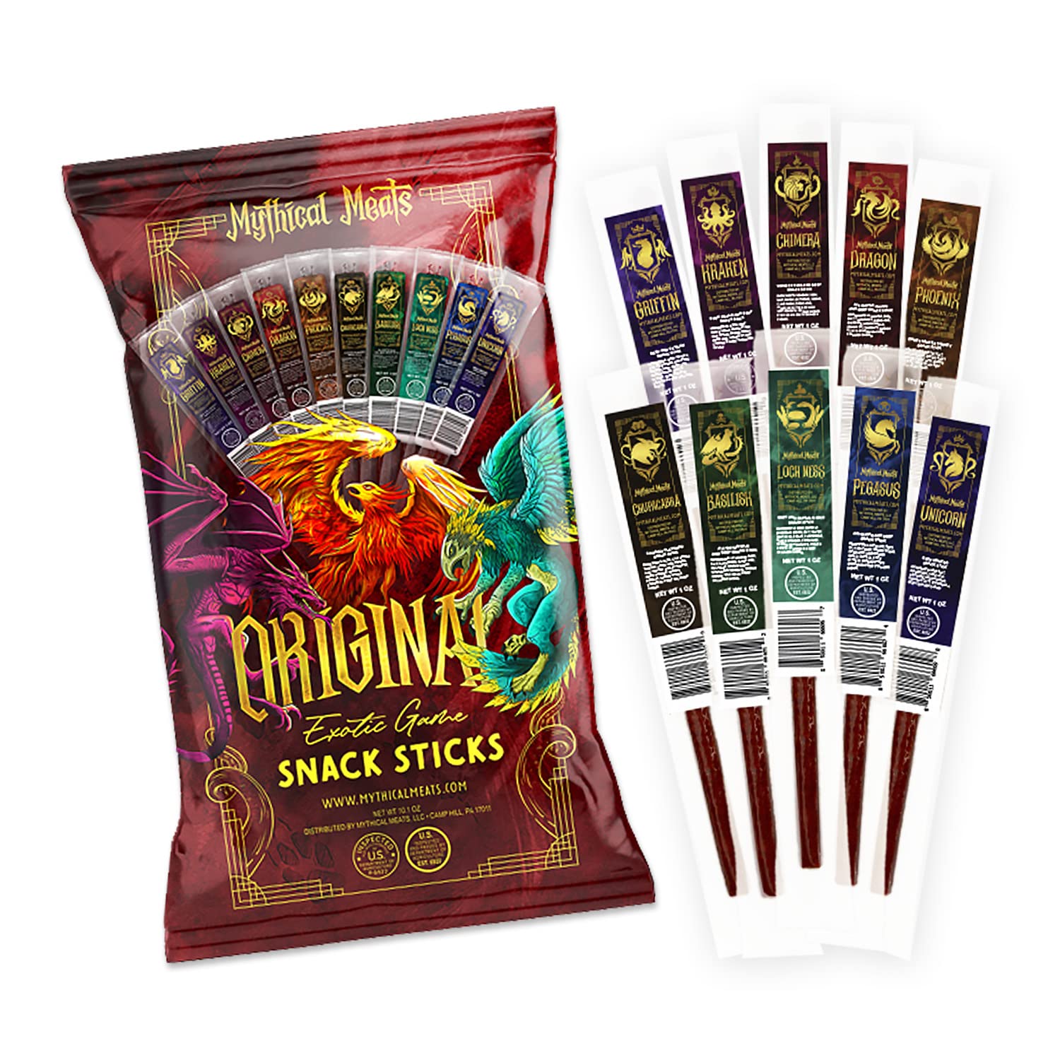 Mythical Meats front packaging showing ten exotic sticks and variety benefit