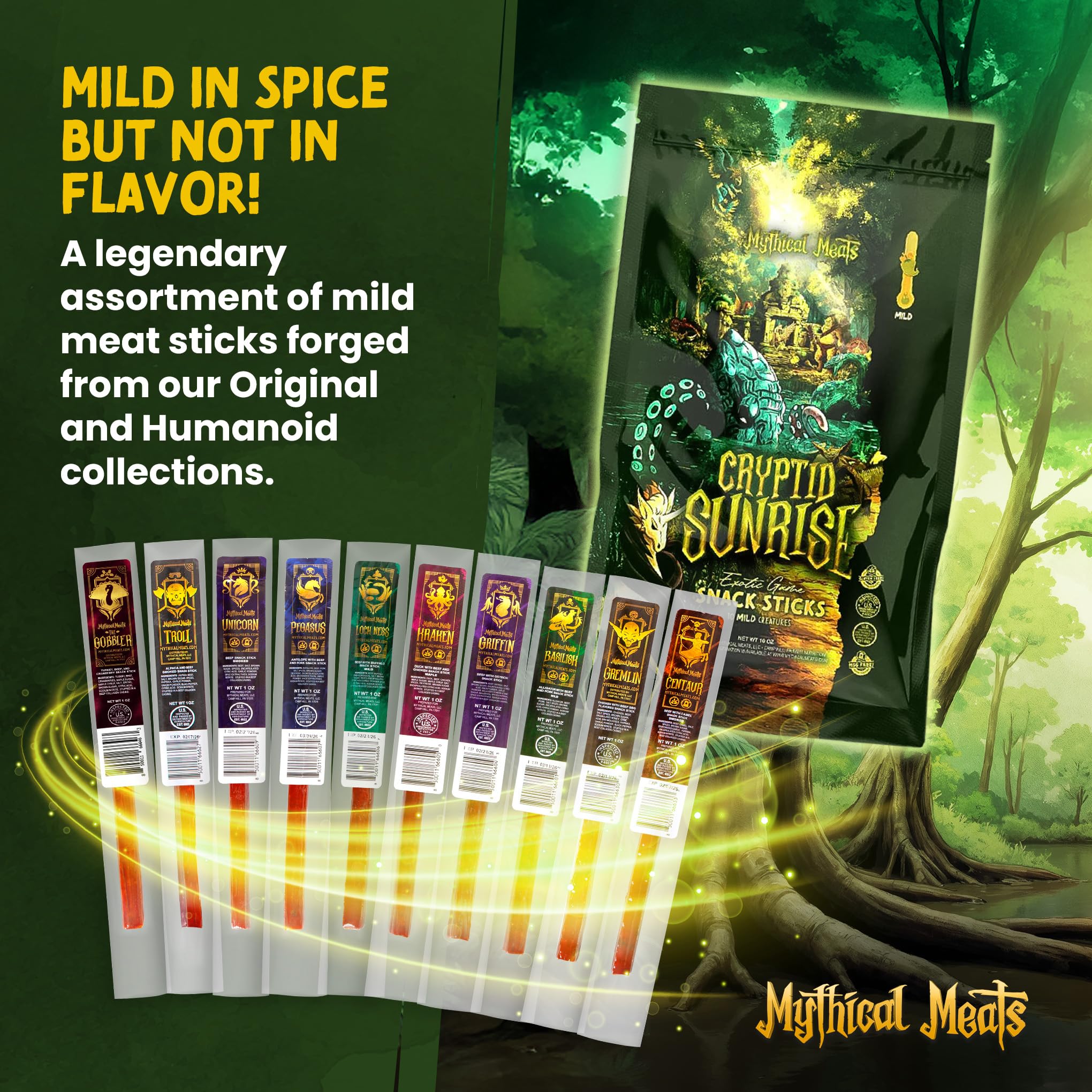 Mythical Meats open variety display with ten individually wrapped mild meat sticks for sampling