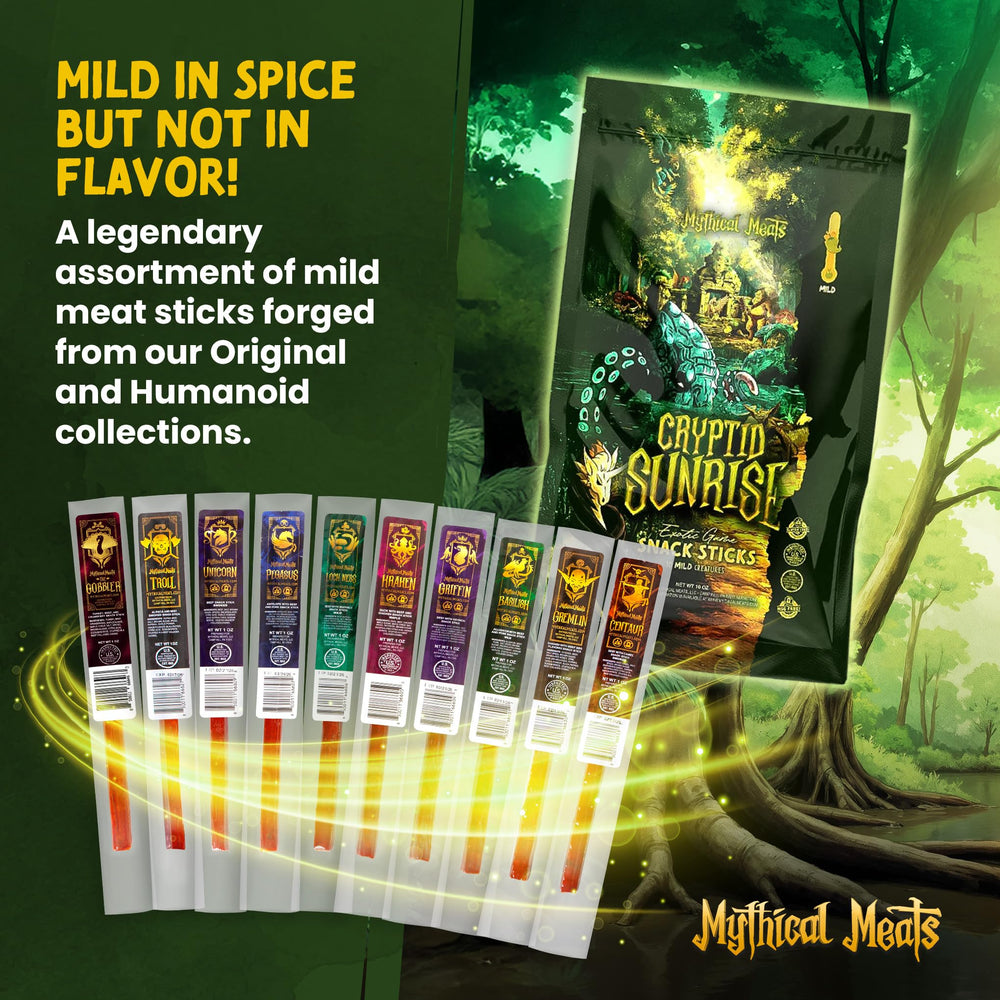 Mythical Meats open variety display with ten individually wrapped mild meat sticks for sampling